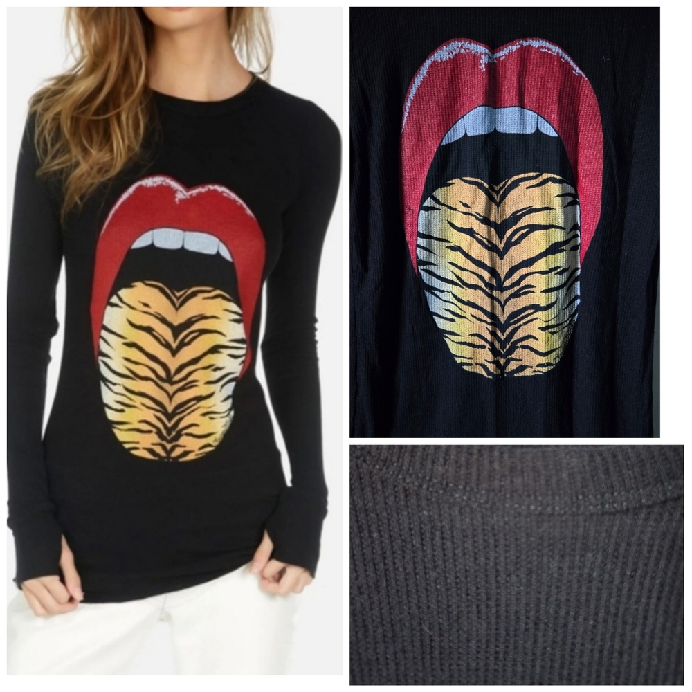 Lauren Moshi Black Top with Lips and Thumbholes Red and Yellow Graphic